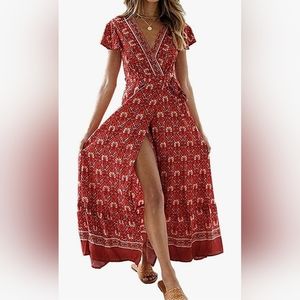 Bohemian Floral Printed Wrap V Neck Short Sleeve Maxi Dress